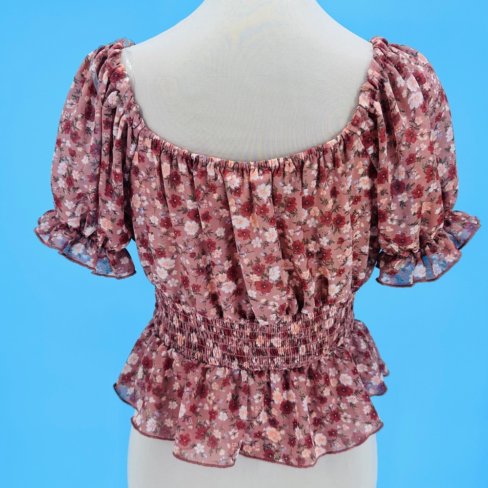 Evolutionary Floral Smocked Peplum Top Brown Pink Sweetheart Puff Sleeve Medium - Picture 3 of 9
